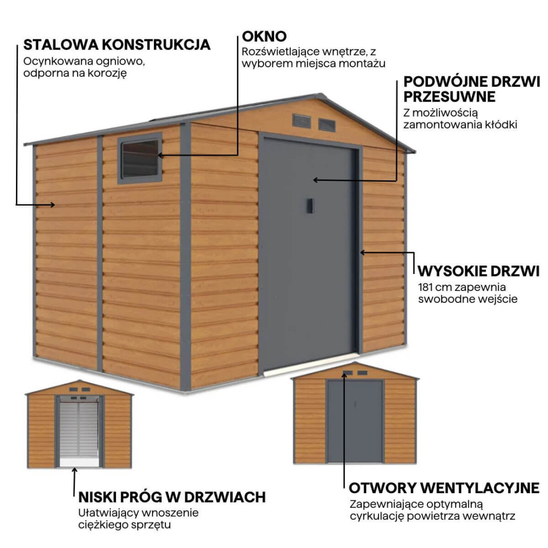 Grafika z detalami i cechami domku narzędziowego MONTREAL 277x195cm
