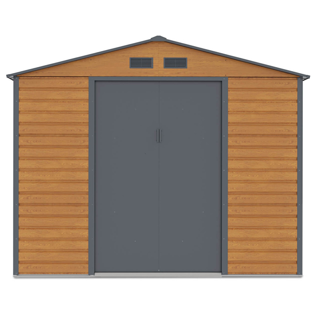 Widok na przednią ścianę i podwójne drzwi domku narzędziowego MONTREAL