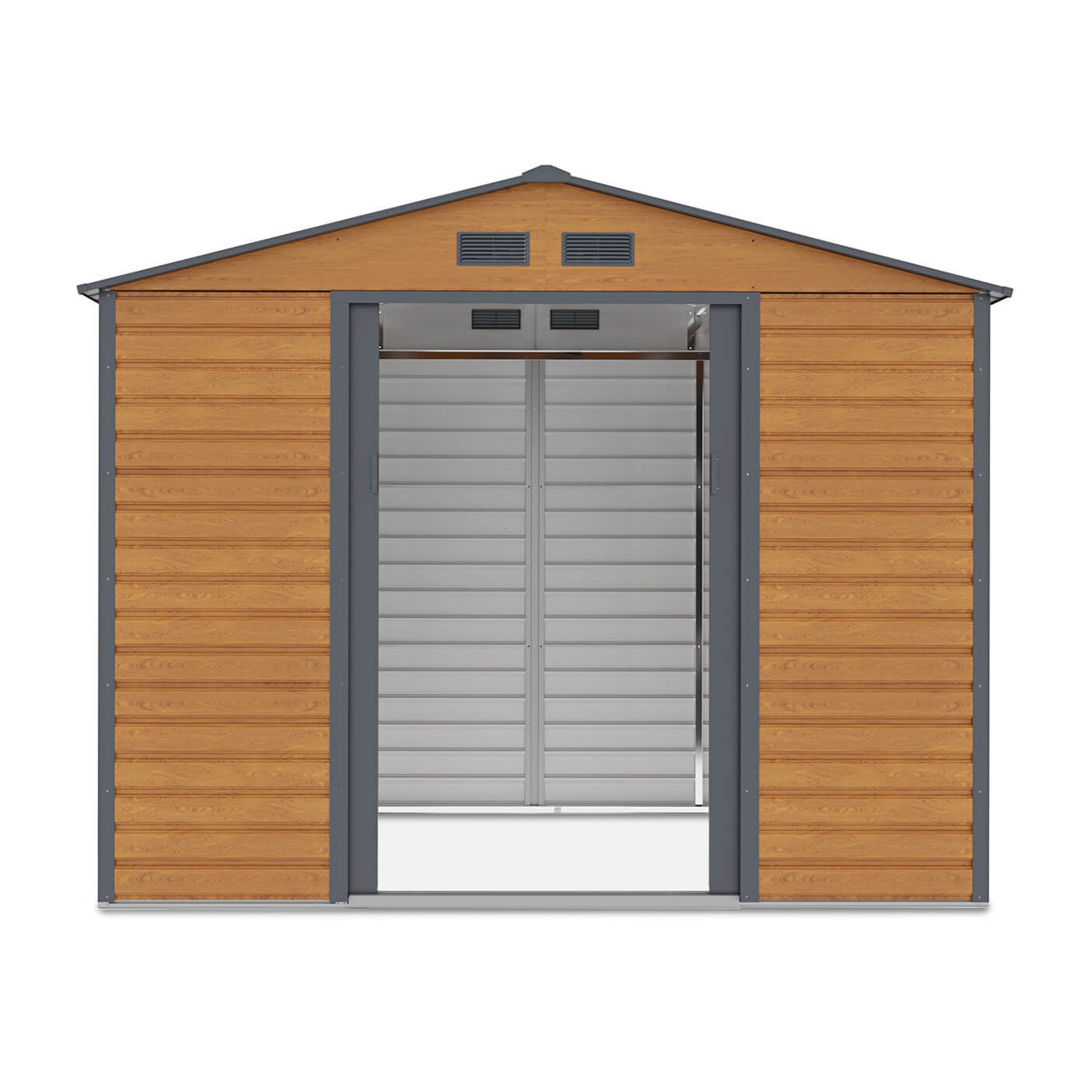 Widok na przód i wnętrze domku narzędziowego MONTREAL 277x195cm