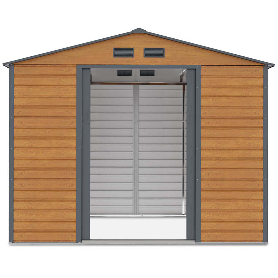 Widok na przód i wnętrze domku narzędziowego MONTREAL 277x195cm