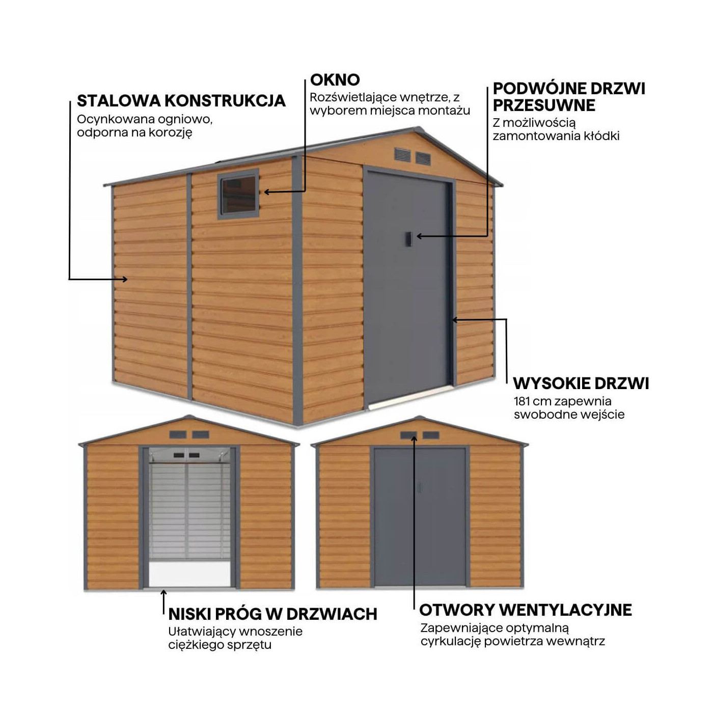 Grafika z detalami i cechami domku narzędziowego MONTREAL 277x259