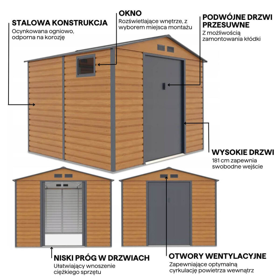 Grafika z detalami i cechami domku narzędziowego MONTREAL 277x259