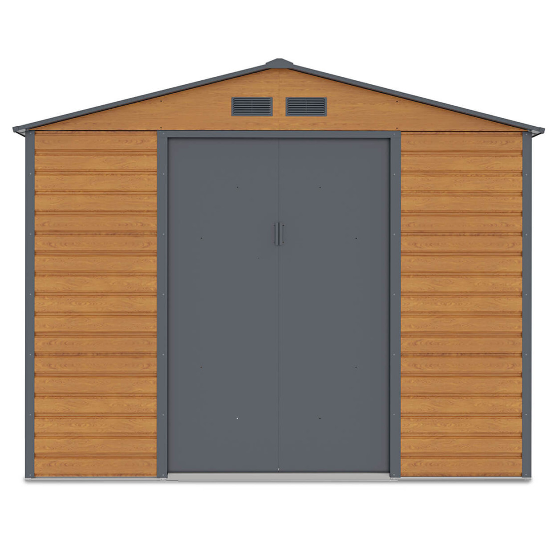 Widok na przednią ścianę i podwójne drzwi domku narzędziowego MONTREAL 277x259cm