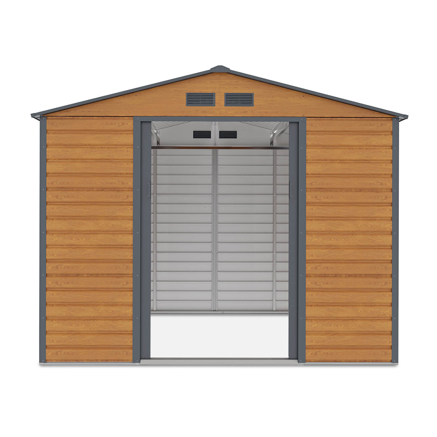 Widok na przód i wnętrze domku narzędziowego MONTREAL 277x259cm Oak Grey 