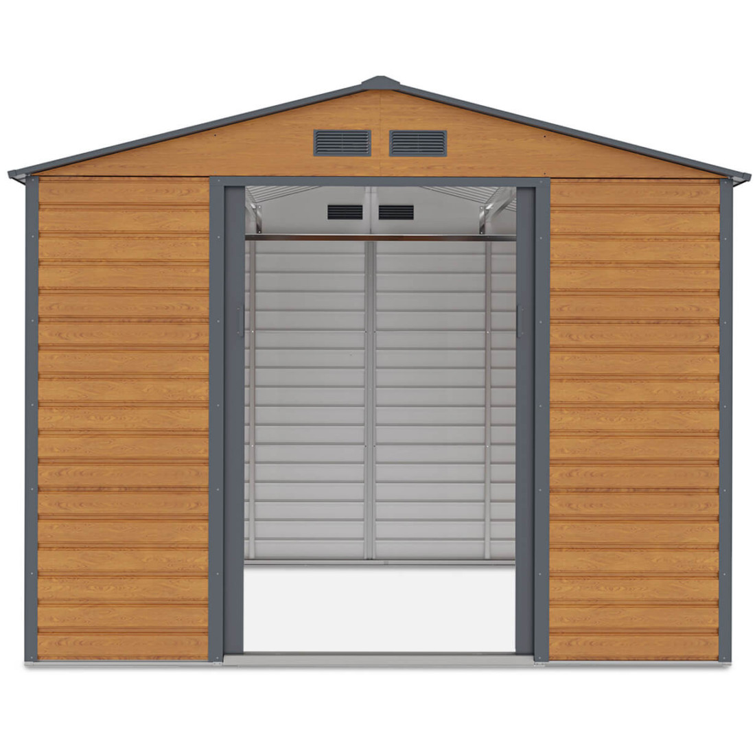 Widok na przód i wnętrze domku narzędziowego MONTREAL 277x259cm Oak Grey 