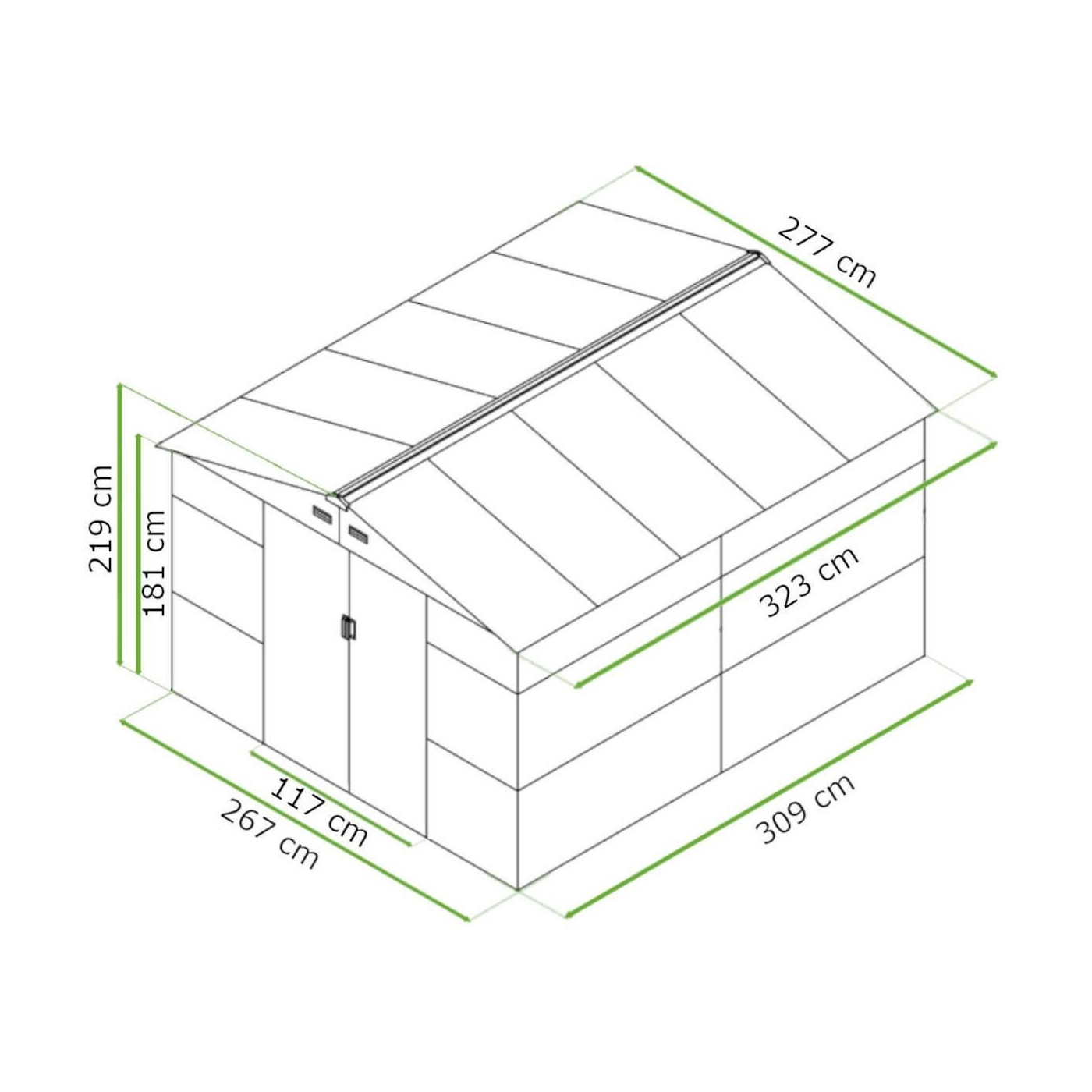 Wymiary domku narzędziowego Montreal marki Hardmaister