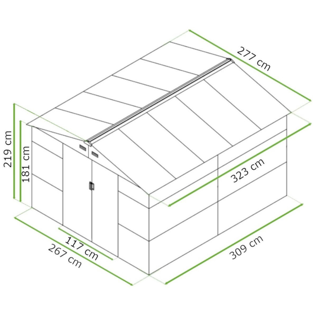Wymiary domku narzędziowego Montreal marki Hardmaister
