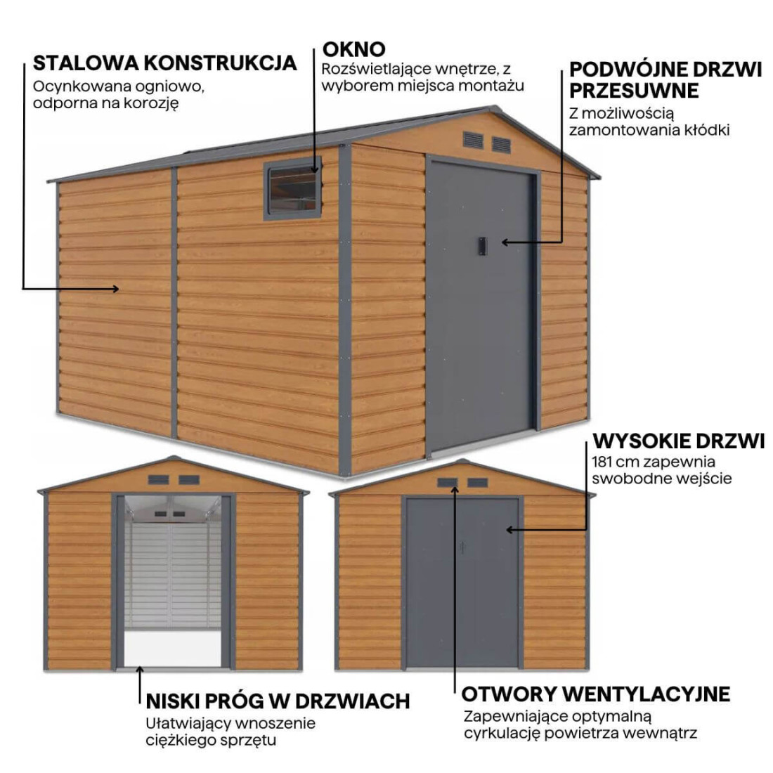 Grafika z detalami i cechami domku narzędziowego MONTREAL 277x323cm