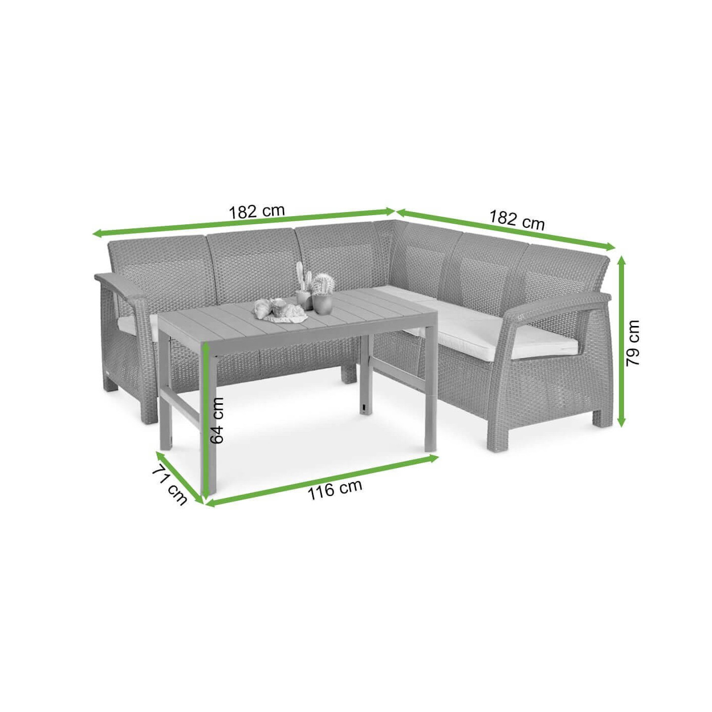 Wymiary zestawu ogrodowego z narożnikiem Corfu Relax 