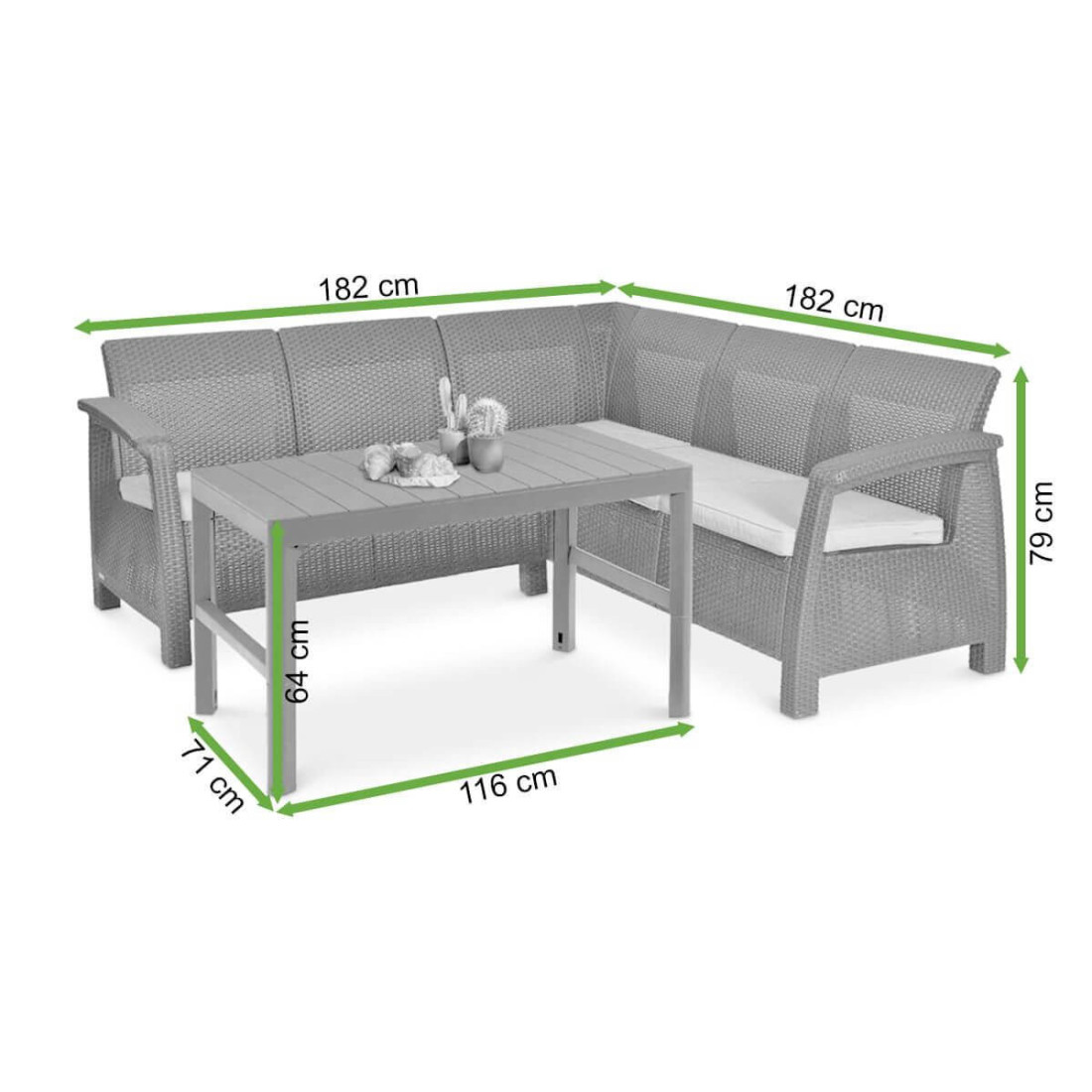 Wymiary zestawu ogrodowego z narożnikiem Corfu Relax 