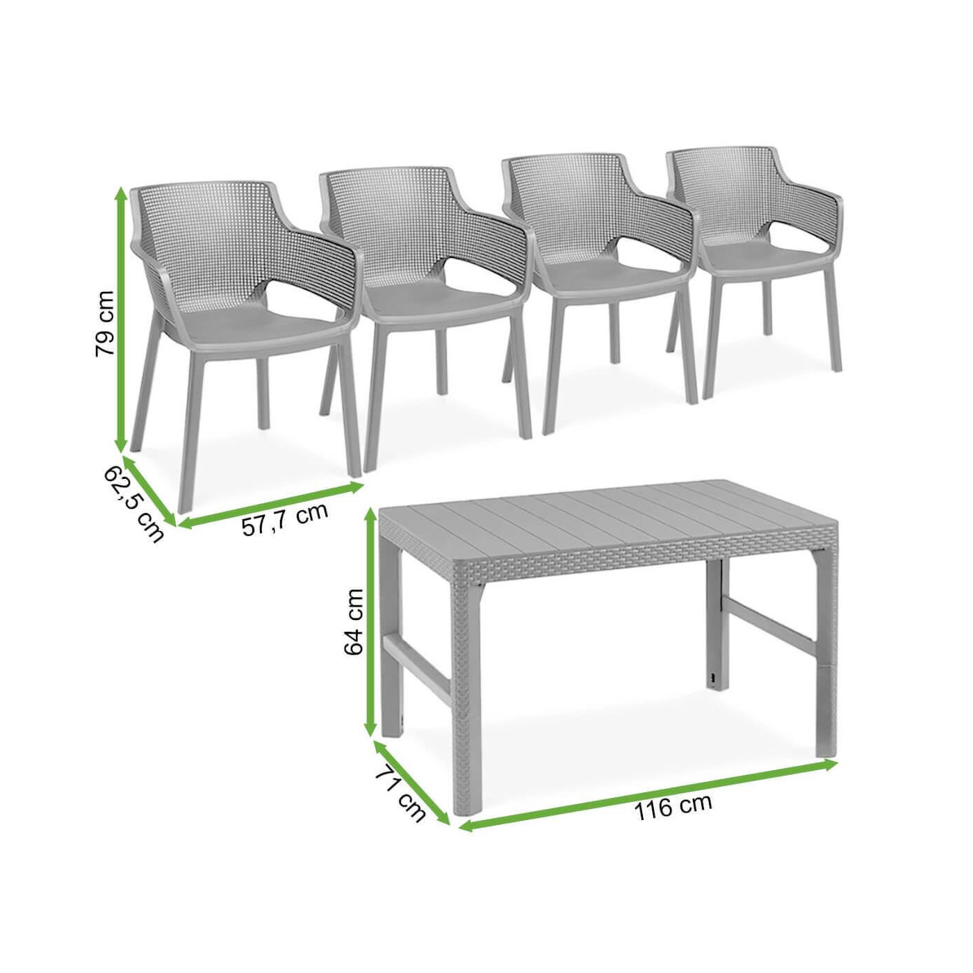 Wymiary zestawu mebli balkonowych Elisa/Lyon, 4 krzesła i stół 