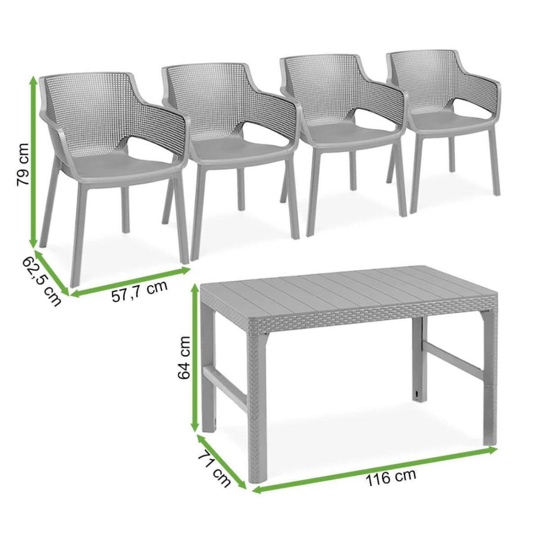 Wymiary zestawu mebli balkonowych Elisa/Lyon, 4 krzesła i stół 
