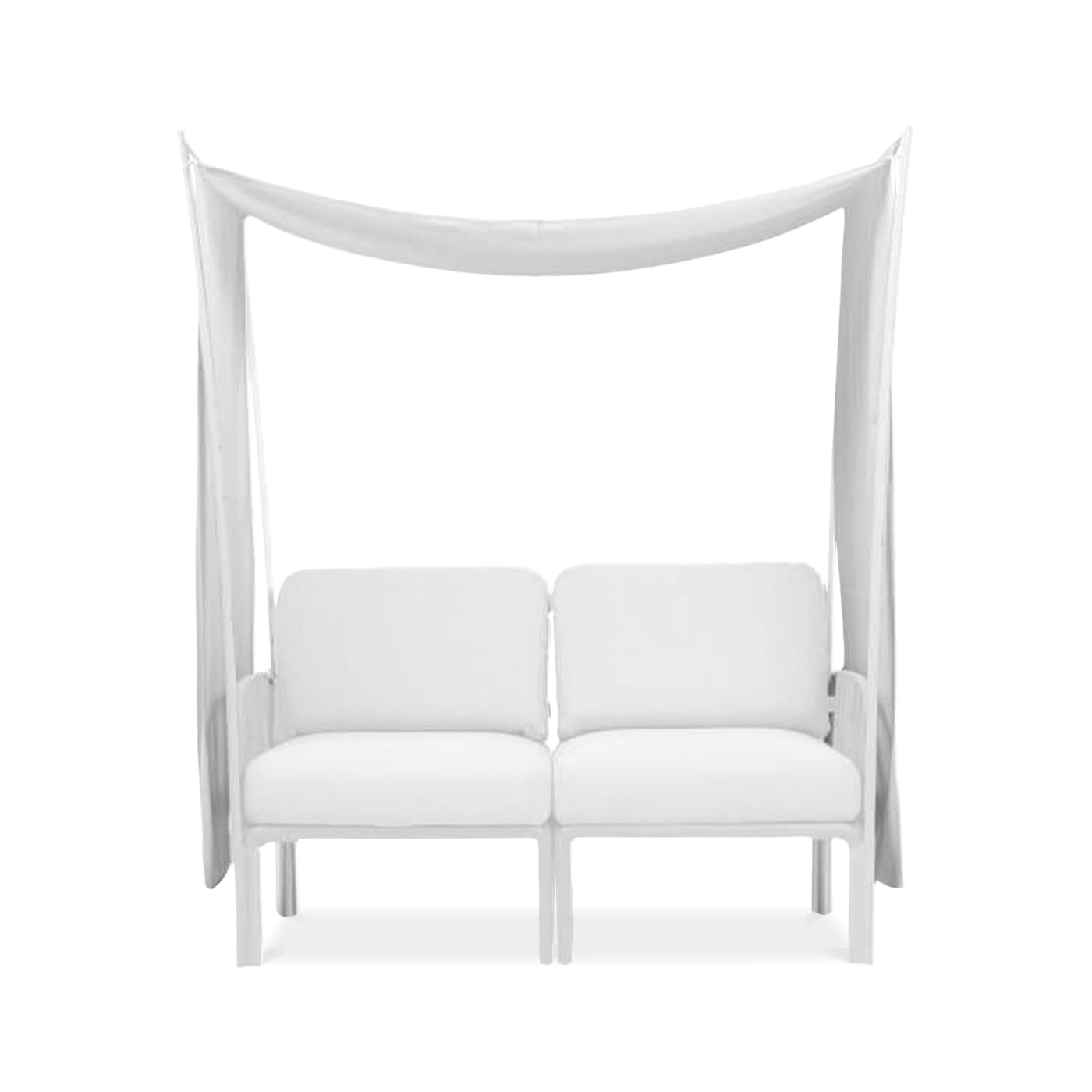 biały baldachim na białym stelażu chroniący białą sofę