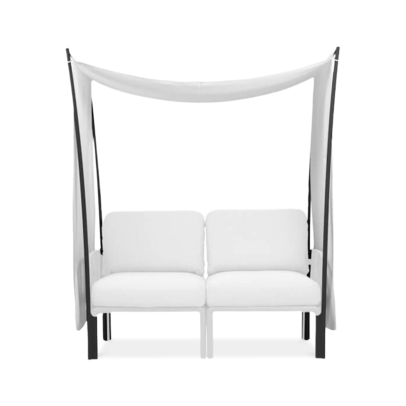 baldachim na czarnym stelażu nad sofą ogrodową