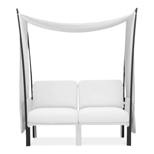 baldachim na czarnym stelażu nad sofą ogrodową