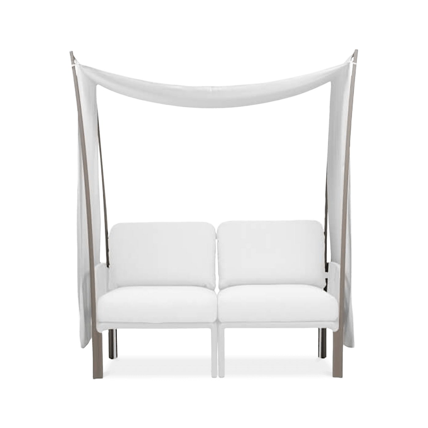 biały baldachim na brązowym stelażu chroniący siedzisko ogrodowe