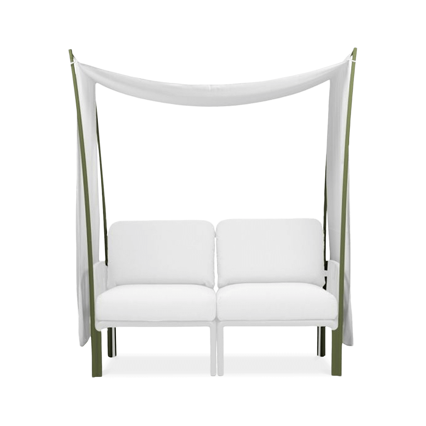 baldachim na zielonym stelażu chroniący białą ogrodową sofę 