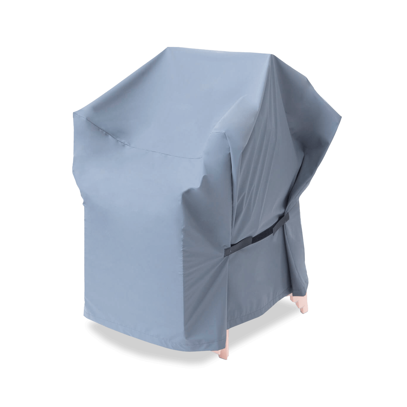 Krzesło przykryte szarym pokrowcem ogrodowym