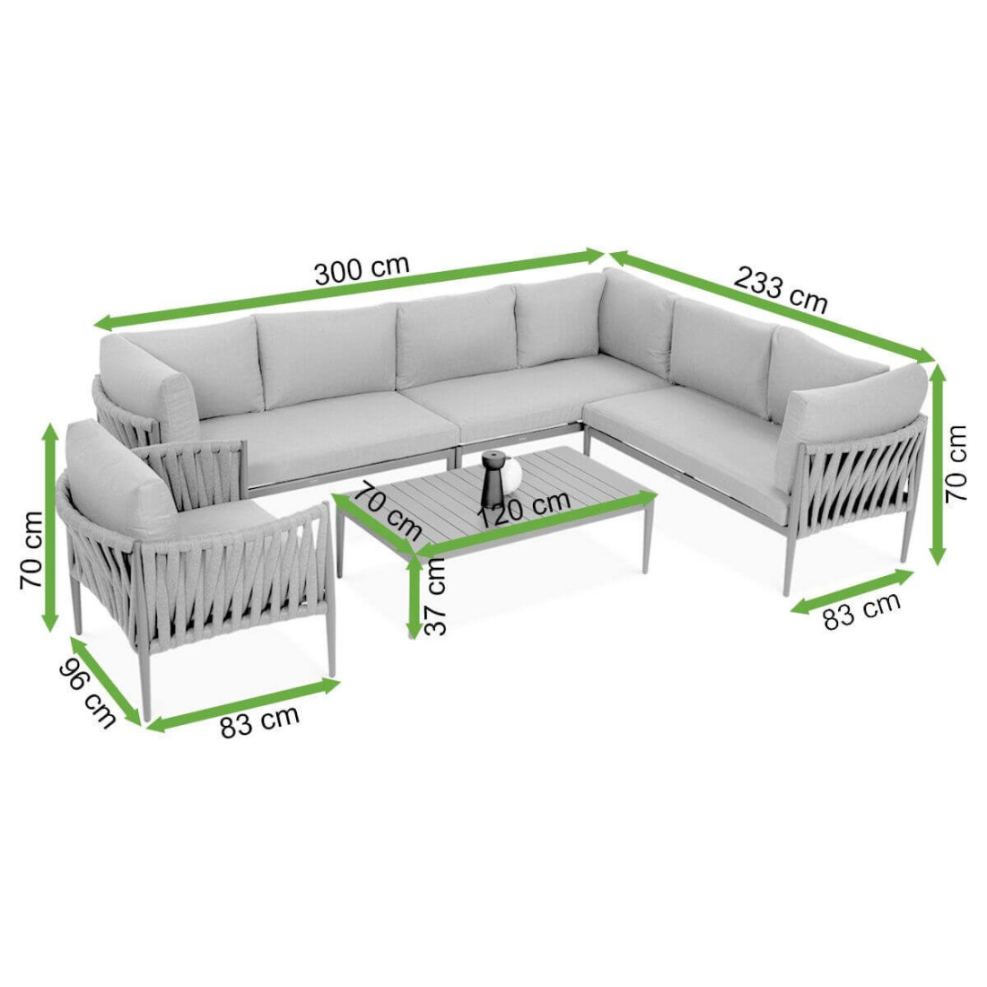 Wymiary zestawu z narożnikiem Monza Caffe + fotel Grey