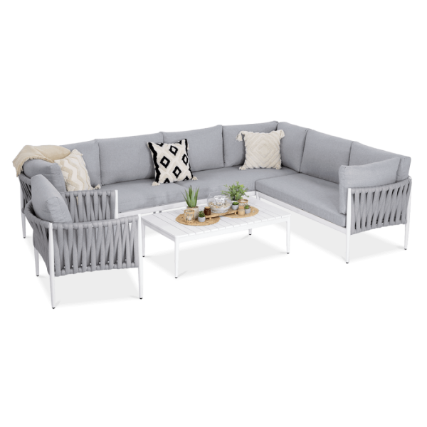 Monza Caffe Aluminium Garden Corner Sofa White Furrore Armchair