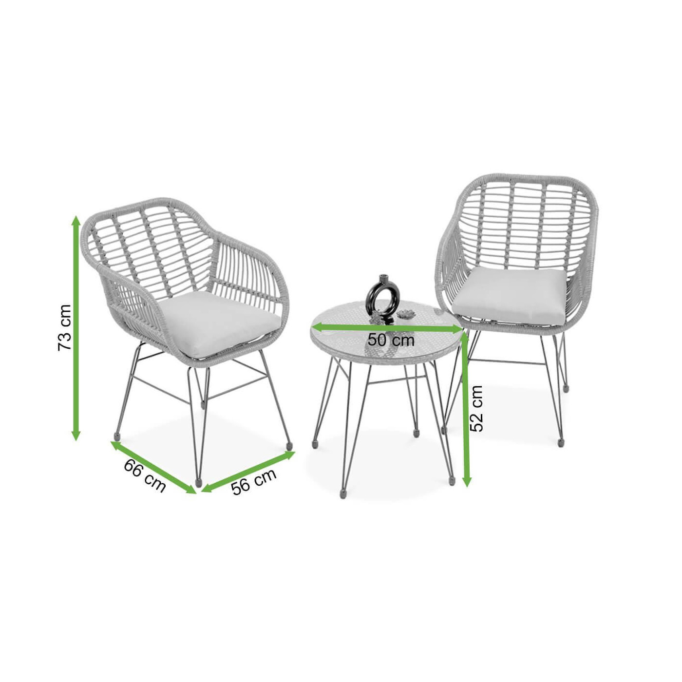 Wymiary zestawu mebli na balkon Kubu, 2 krzesła + stolik