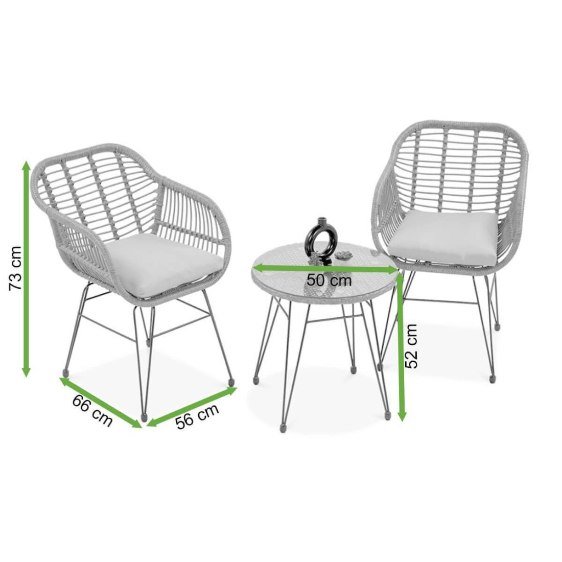 Wymiary zestawu mebli na balkon Kubu, 2 krzesła + stolik