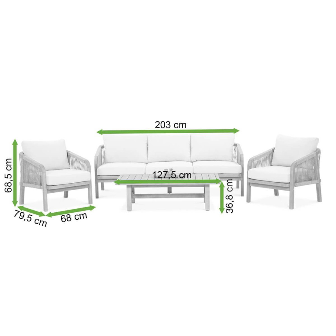 Wymiary zestawu wypoczynkowego z sofą Marigold w odcieniu Coffe 