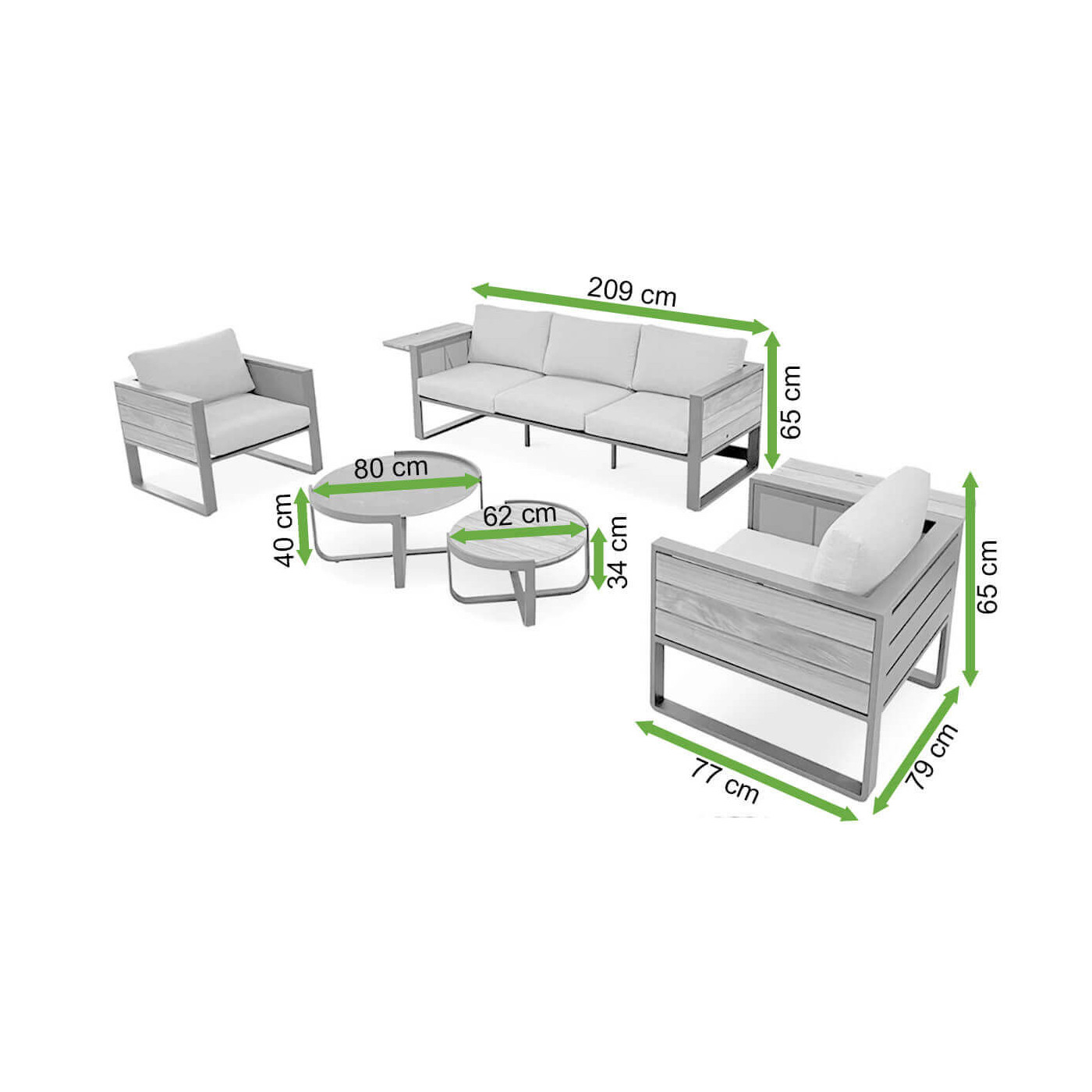 Rzut z wymiarami zestawu wypoczynkowego na taras Cardena w odcieniu Caffe Grey