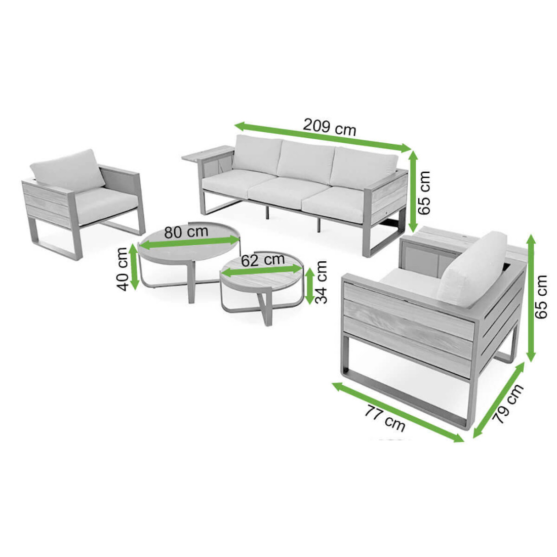 Rzut z wymiarami zestawu wypoczynkowego na taras Cardena w odcieniu Caffe Grey