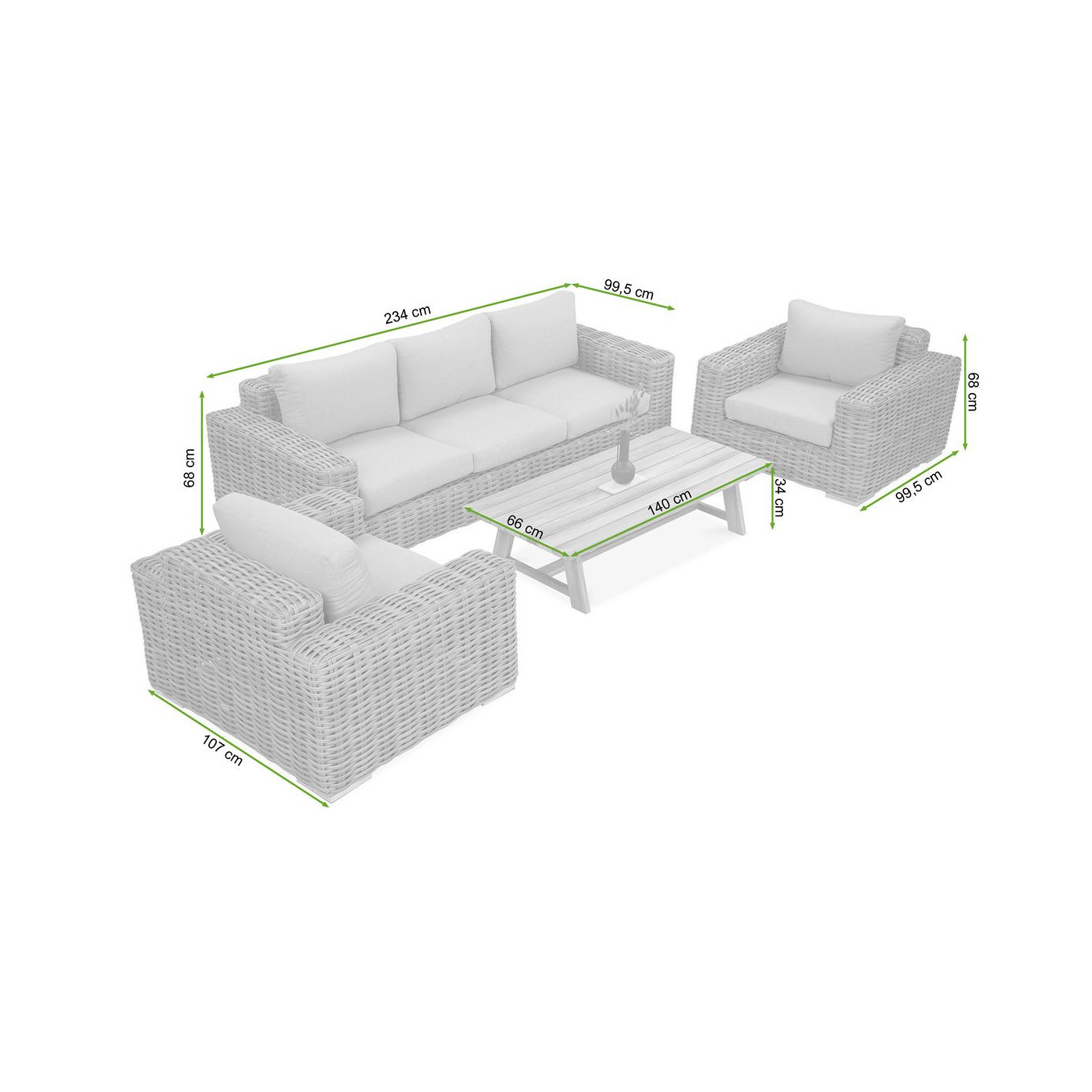 Rysunek z wymiarami zestawu technorattanowego suprema nature