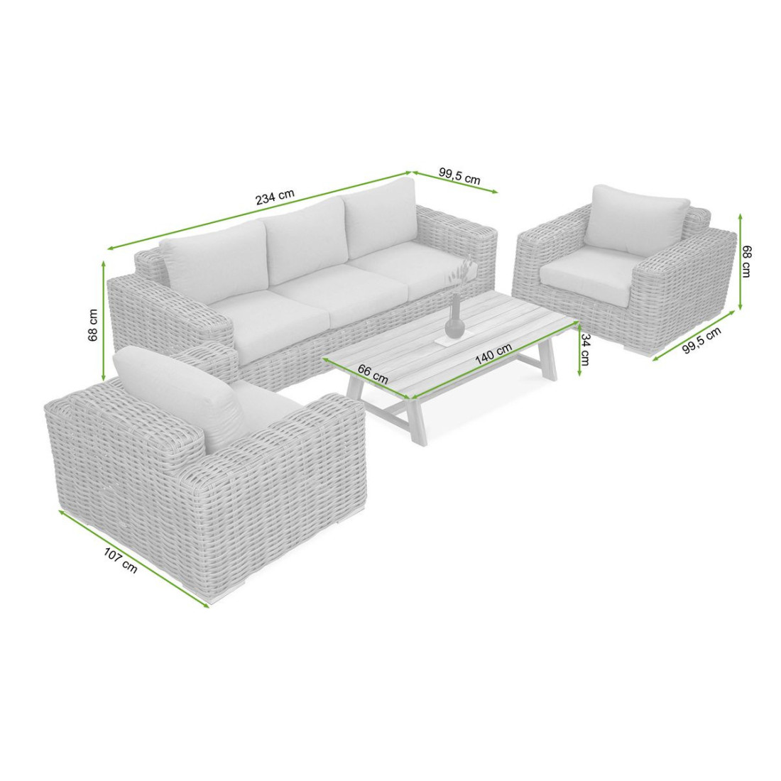 Rysunek z wymiarami zestawu technorattanowego suprema nature