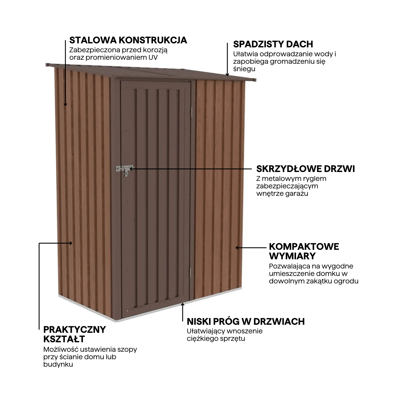 Funkcjonalności domku narzędziowego do ogródka Kent 143x89 Walnut Hardmaister