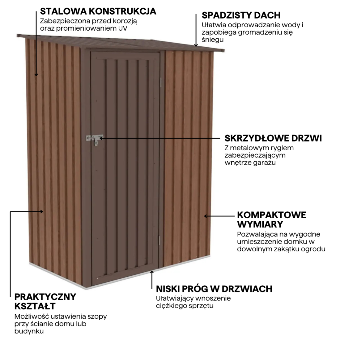 Funkcjonalności domku narzędziowego do ogródka Kent 143x89 Walnut Hardmaister