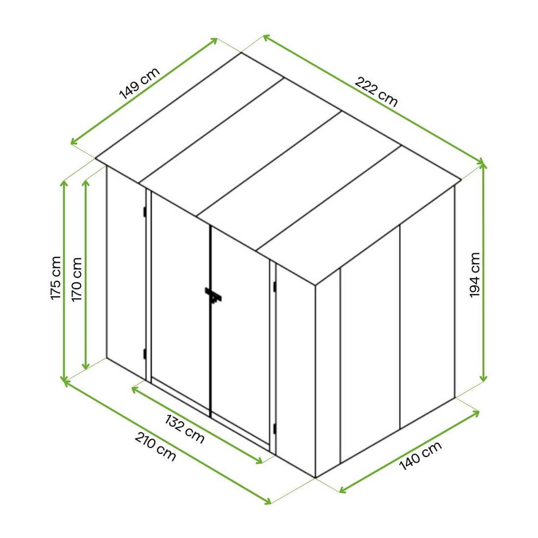 Wymiarowanie domku narzędziowego KENT 222x149cm Cold Grey Hardmaister