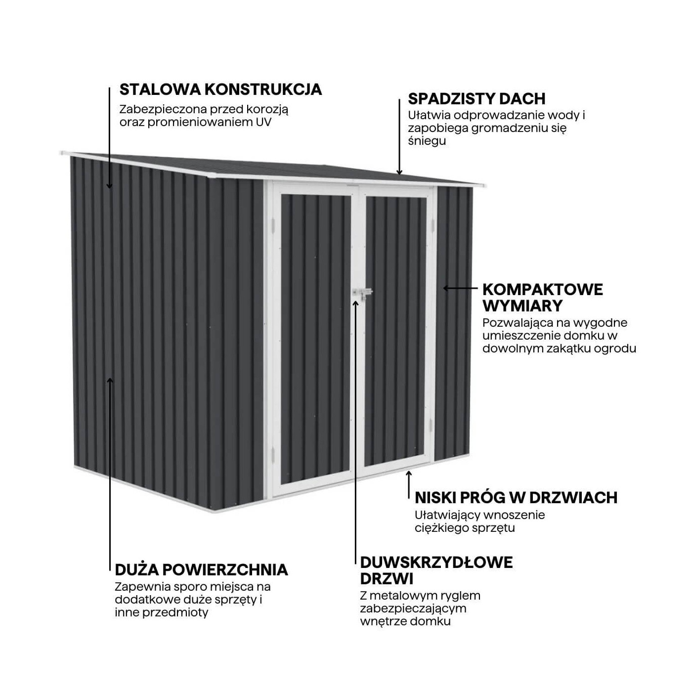 Funkcjonalności domku narzędziowego KENT 222x149cm Cold Grey - HARDMAISTER