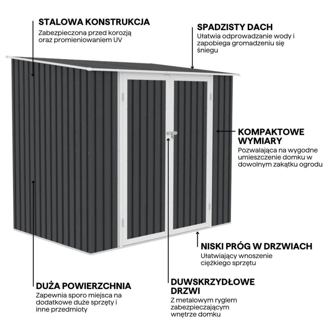 Funkcjonalności domku narzędziowego KENT 222x149cm Cold Grey - HARDMAISTER