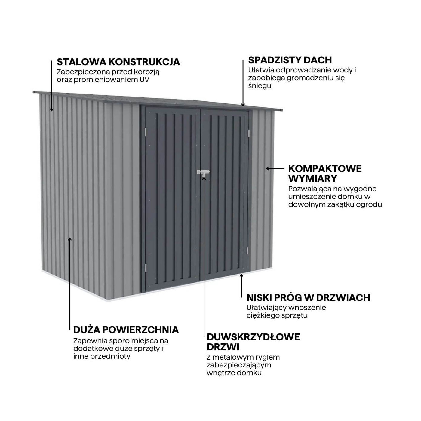 Funkcjonalności  domku narzędziowego KENT 222x149cm Light Grey HARDMAISTER