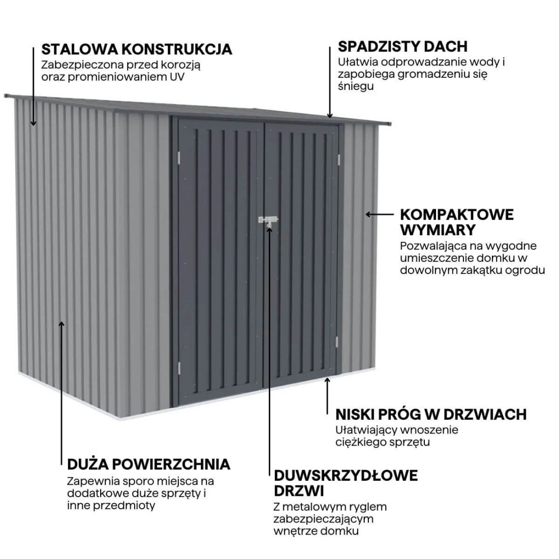 Funkcjonalności  domku narzędziowego KENT 222x149cm Light Grey HARDMAISTER