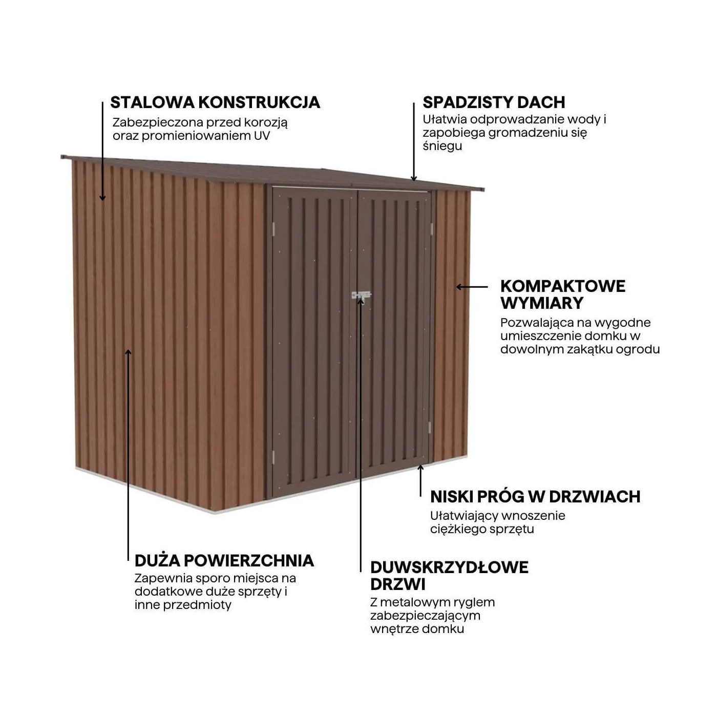 Funkcjonalności domku narzędziowego KENT 222x149cm Walnut Hardmaister