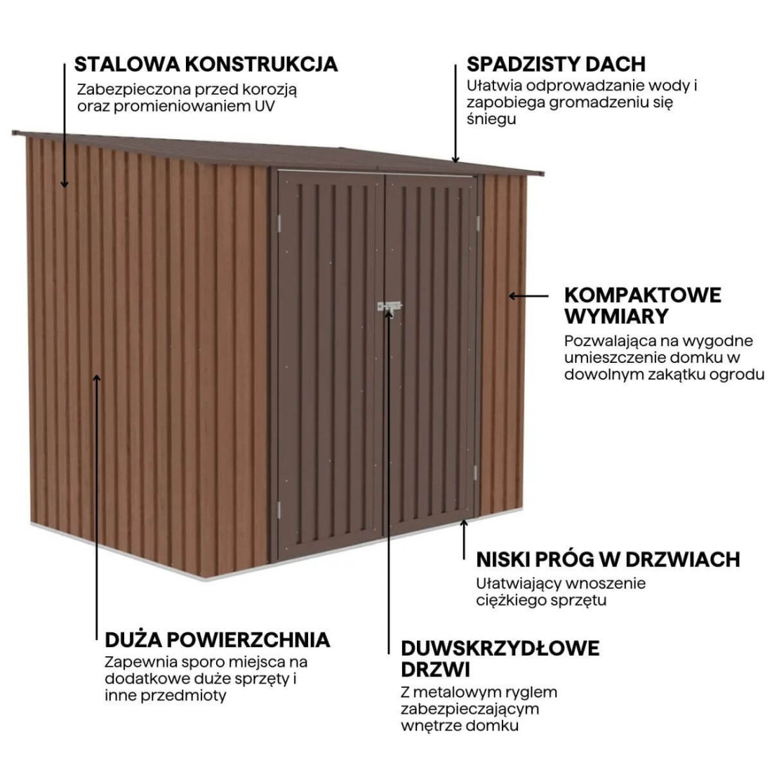 Funkcjonalności domku narzędziowego KENT 222x149cm Walnut Hardmaister