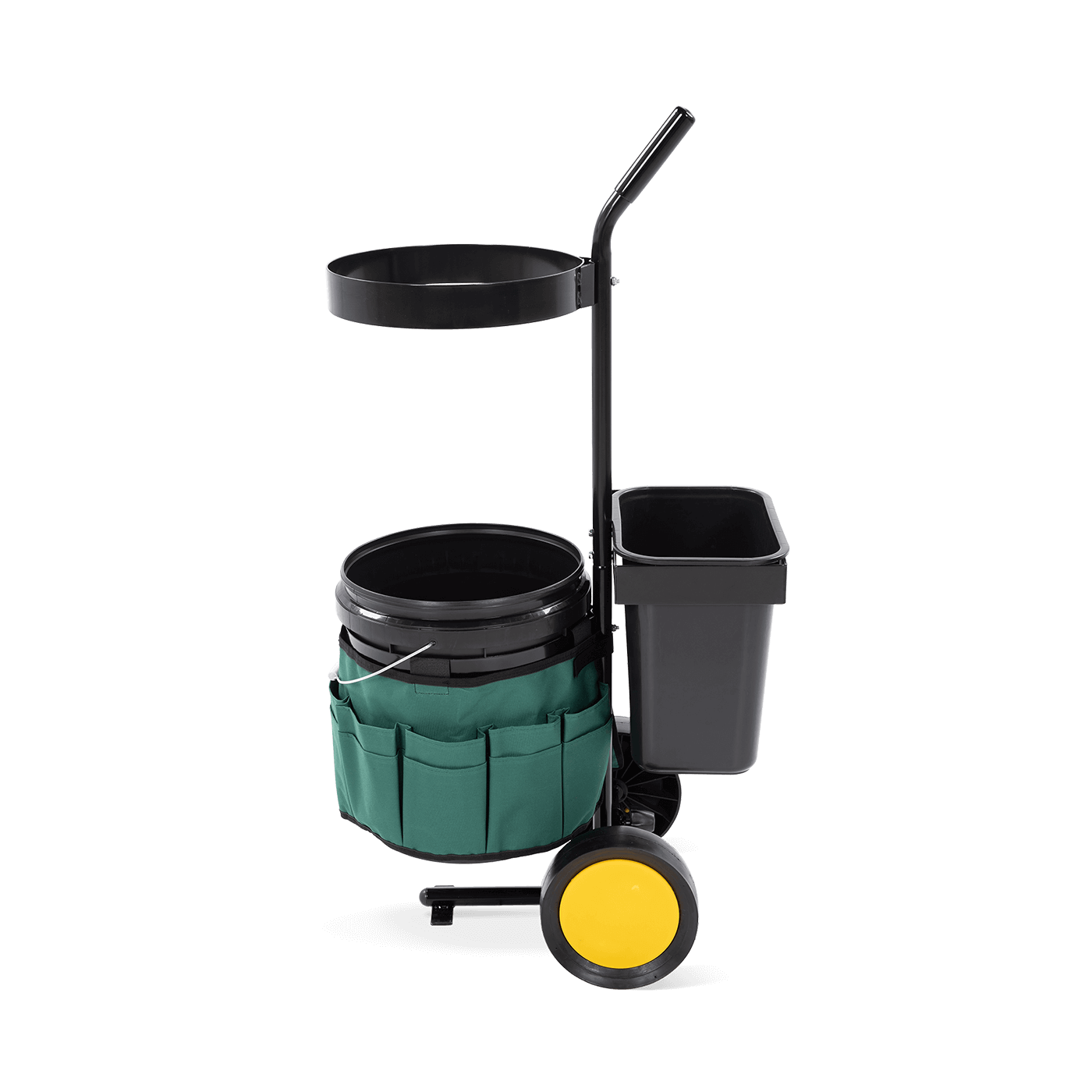 Bok wózka ogrodowego z widokiem na okrągłe i kwadratowe wiadro oraz torbę narzędziową