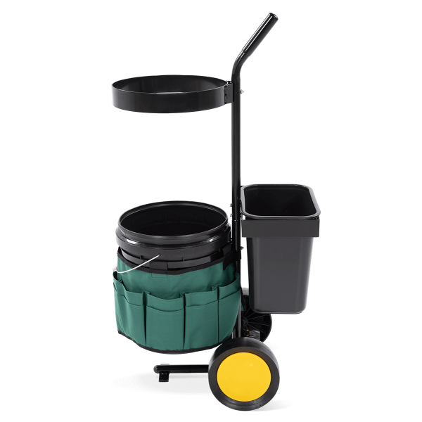 Bok wózka ogrodowego z widokiem na okrągłe i kwadratowe wiadro oraz torbę narzędziową