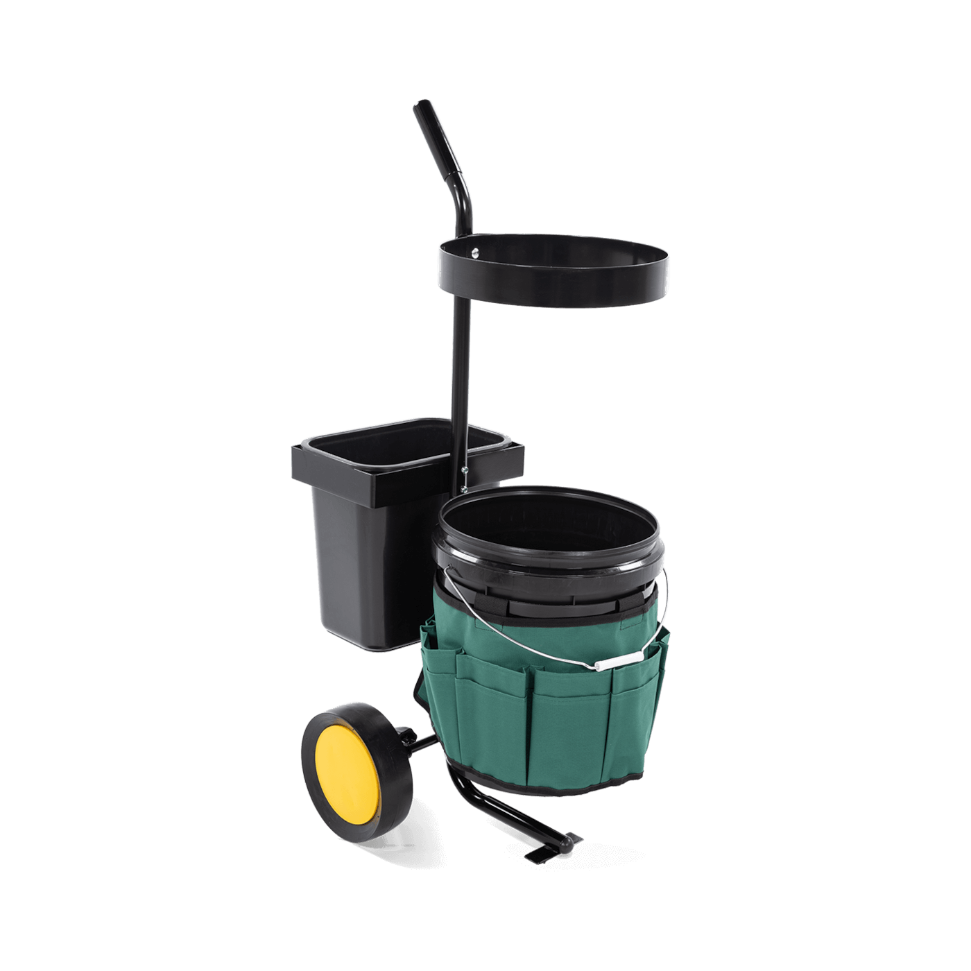 Widok na okrągłe wiadro i torbę narzędziową z wózka ogrodowego