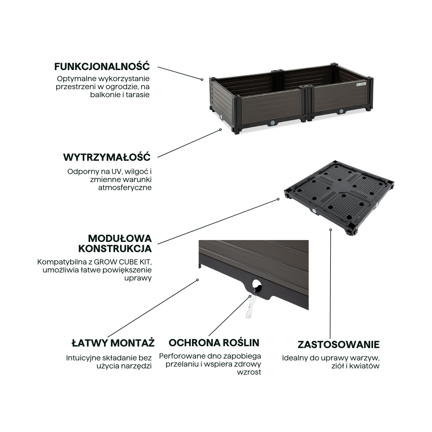 Cechy Skrzynia uprawowa GROW CUBE M 82x41x17cm - CULTIVO
