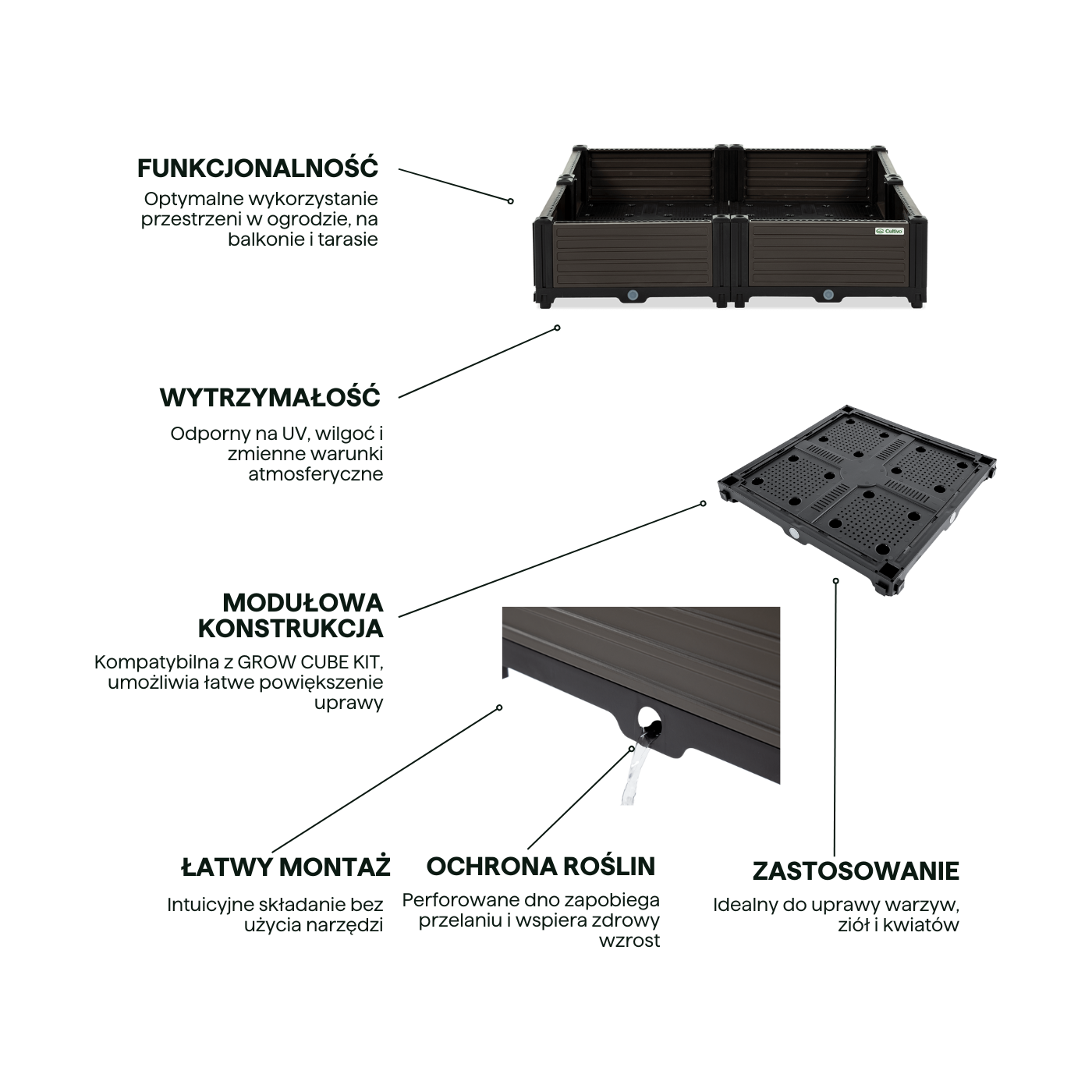 Cechy Skrzynia uprawowa GROW CUBE L 82x82x17cm - CULTIVO