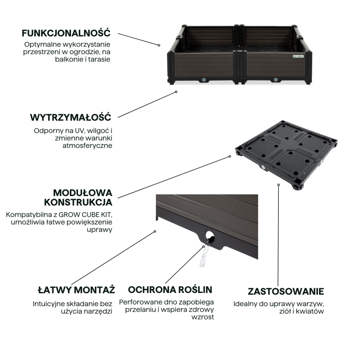 Cechy Skrzynia uprawowa GROW CUBE L 82x82x17cm - CULTIVO