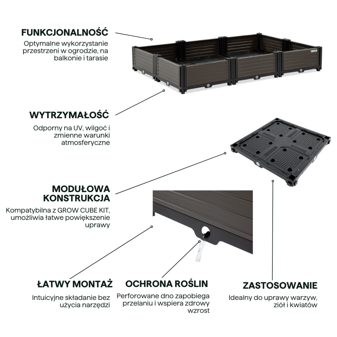 Cechy Skrzynia uprawowa GROW CUBE XL 123x82x17cm - CULTIVO