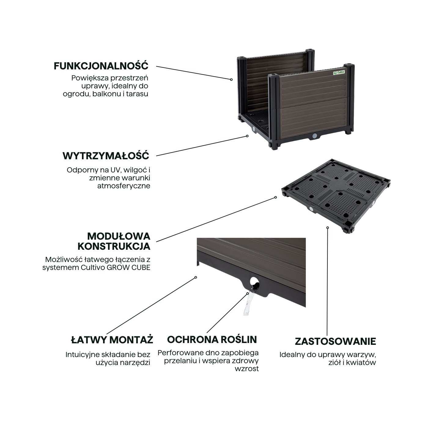 Cechy Moduł dodatkowy do skrzyni uprawowej GROW BOX KIT 41x41x31cm - CULTIVO