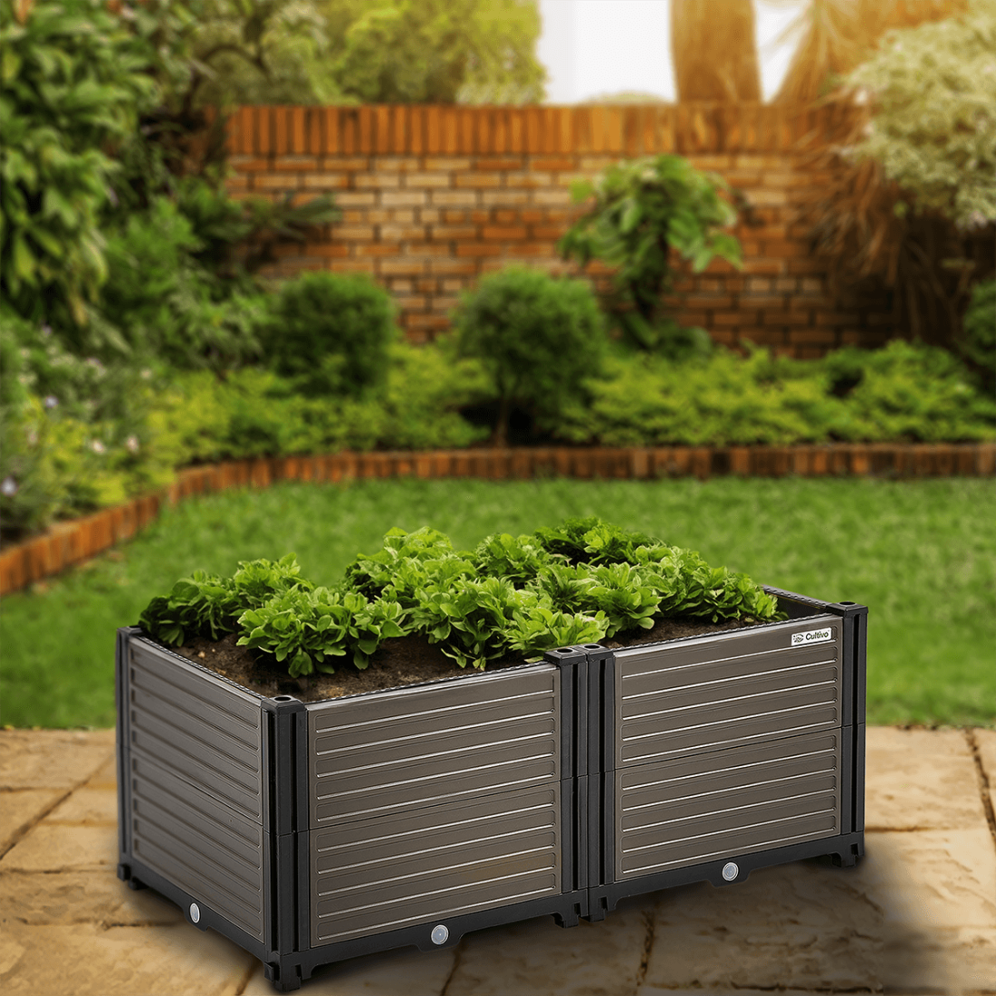 aranżacja skrzymi uprawowej cultivo 82x41x31cm w ogrodzie 