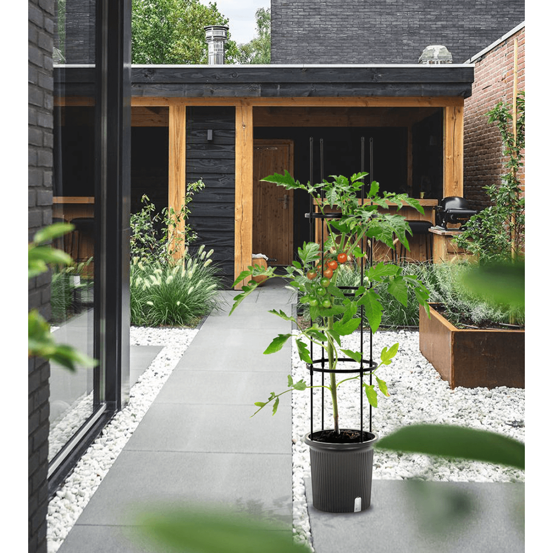 Aranżacja na ogrodzie doniczki i stojaka do uprawy pomidorów TOMATO TUBE